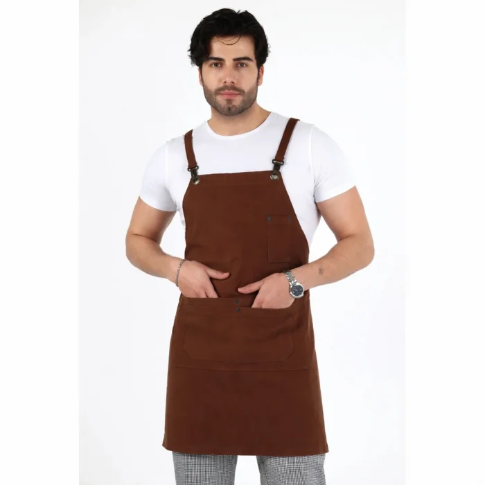 Barista Askılı Önlük Çift Cepli Deri Kemerli - Kahve