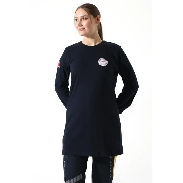 Paramedik Yuvarlak Yaka Penye Tunik Baskılı - Lacivert