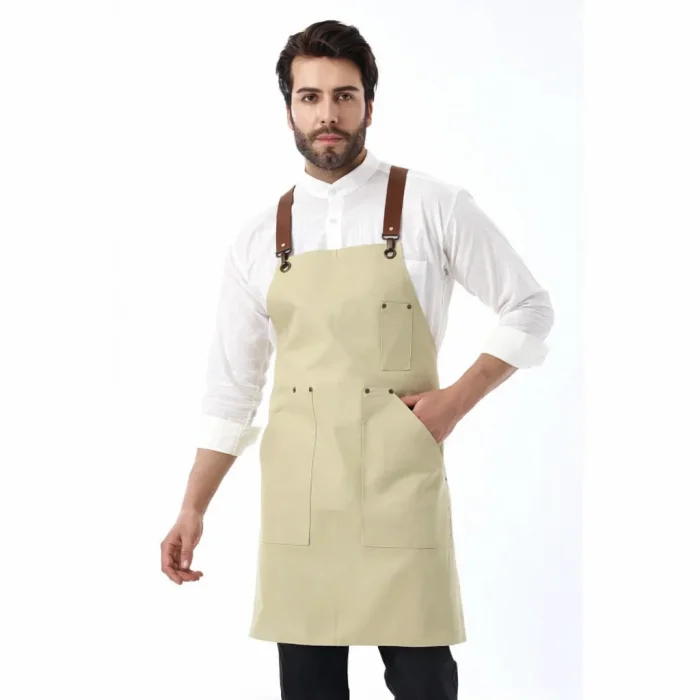 Barista Askılı Önlük Kanguru Cepli Deri Kemerli - Bej