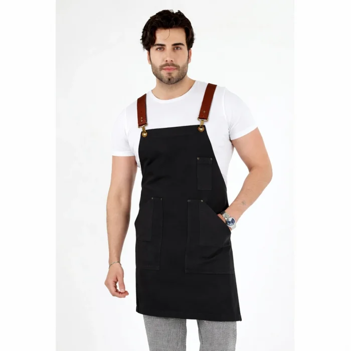 Barista Askılı Önlük Kanguru Cepli Deri Kemerli - Füme