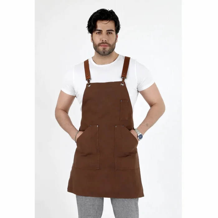 Barista Askılı Önlük Kanguru Cepli Deri Kemerli - Kahve