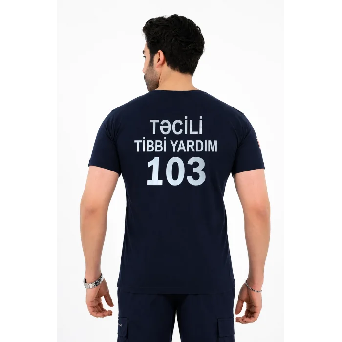 Təcili Yardım Yuvarlak Yaka Penye Kısa Kol Tshirt - Lacivert