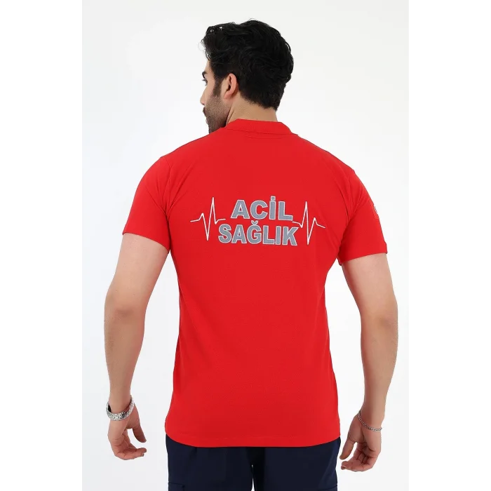 Acil Sağlık Yakalı Tshirt Kısa Kol Nakışlı - Kırmızı