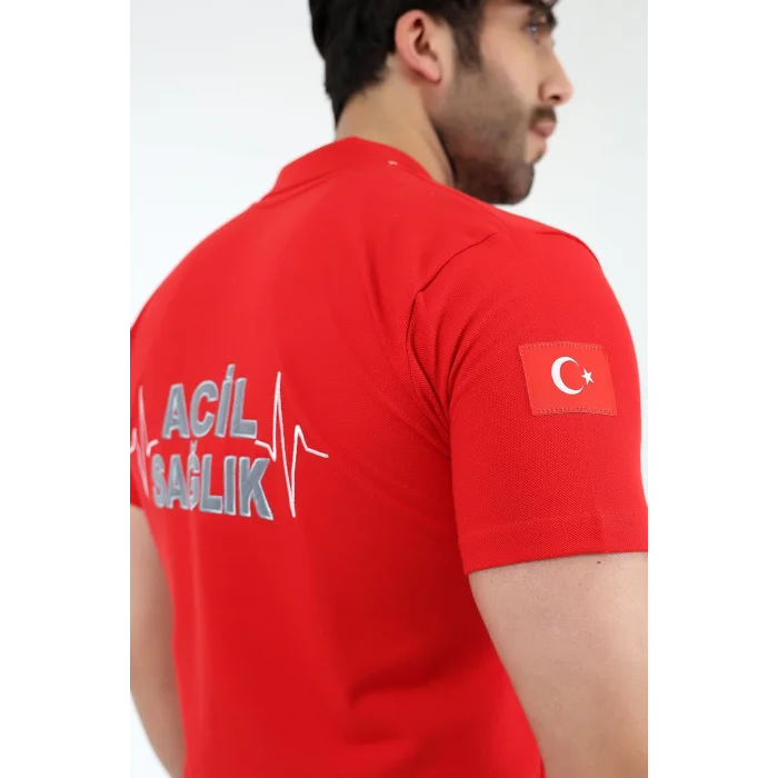 Acil Sağlık Yakalı Tshirt Kısa Kol Nakışlı - Kırmızı