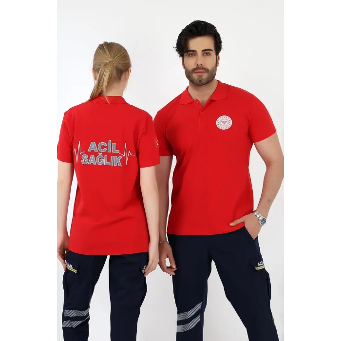 Acil Sağlık Yakalı Tshirt Kısa Kol Nakışlı - Kırmızı