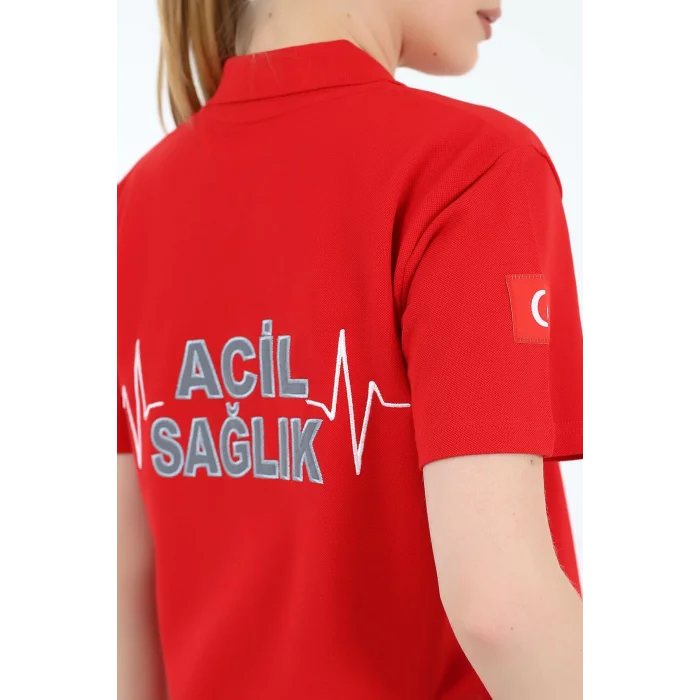 Acil Sağlık Yakalı Tshirt Kısa Kol Nakışlı - Kırmızı