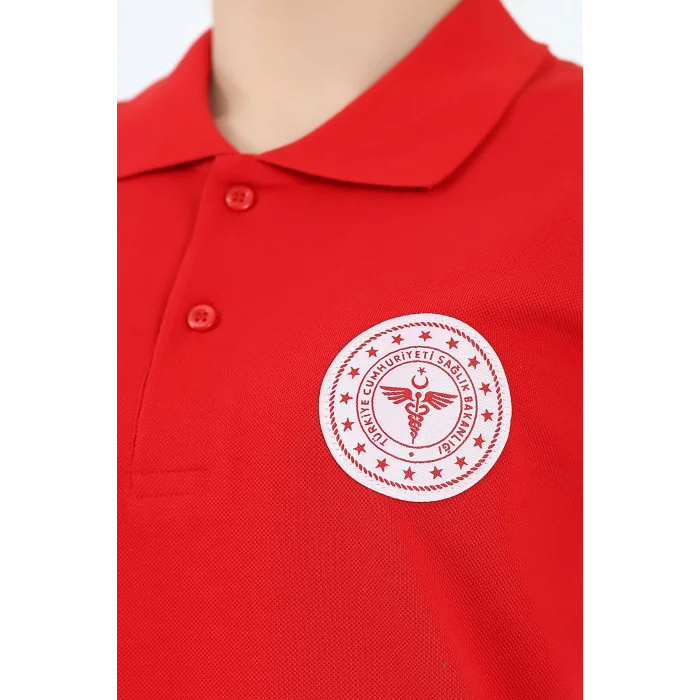 Acil Sağlık Yakalı Tshirt Kısa Kol Nakışlı - Kırmızı