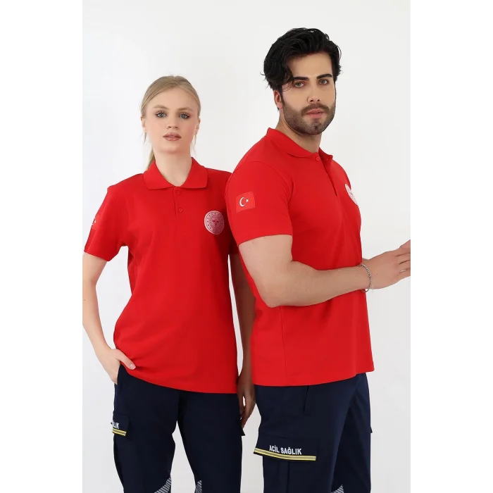 Acil Sağlık Yakalı Tshirt Kısa Kol Nakışlı - Kırmızı