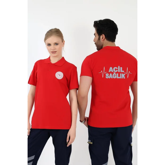 Acil Sağlık Yakalı Tshirt Kısa Kol Nakışlı - Kırmızı
