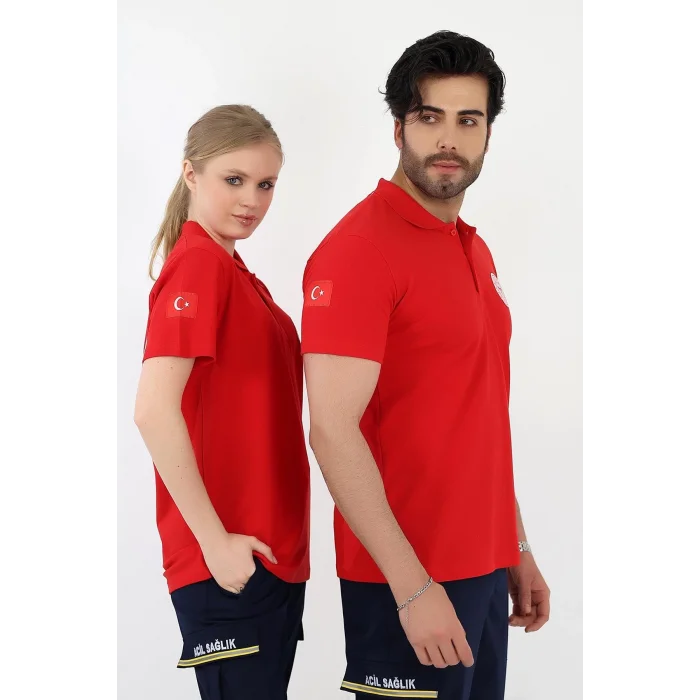 Acil Sağlık Yakalı Tshirt Kısa Kol Nakışlı - Kırmızı
