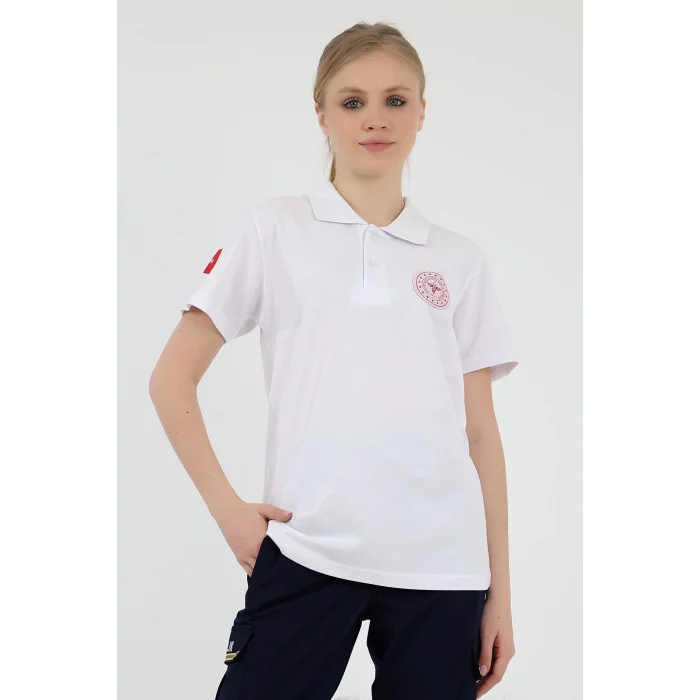 Acil Sağlık Yakalı Unisex Tshirt Kısa Kol Nakışlı - Beyaz