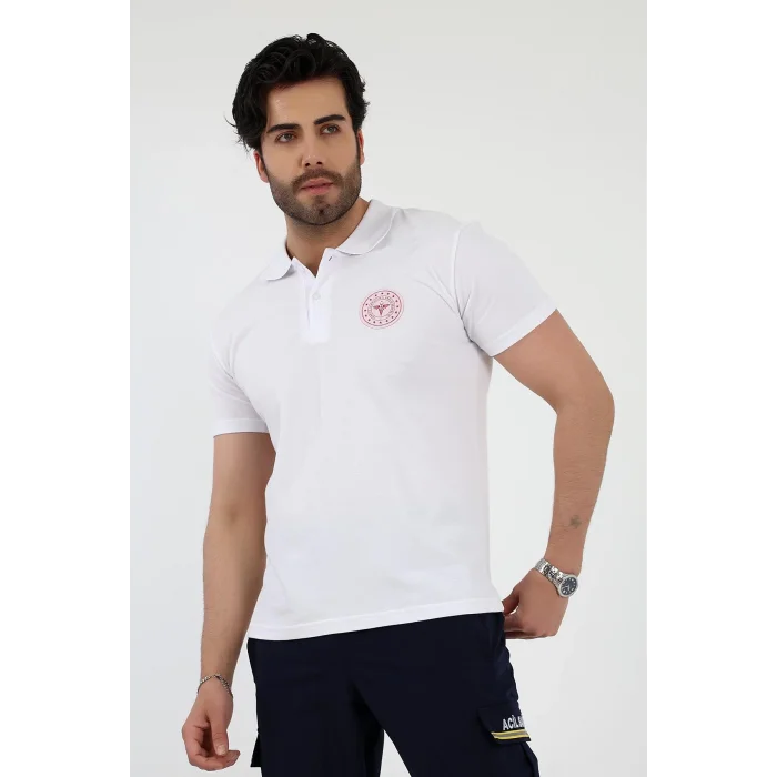 Acil Sağlık Yakalı Unisex Tshirt Kısa Kol Nakışlı - Beyaz