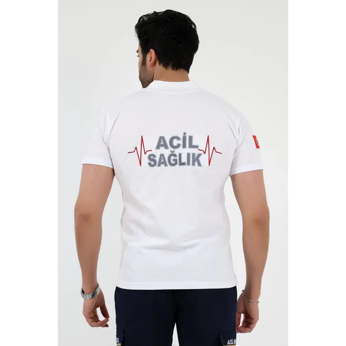 Acil Sağlık Yakalı Unisex Tshirt Kısa Kol Nakışlı - Beyaz