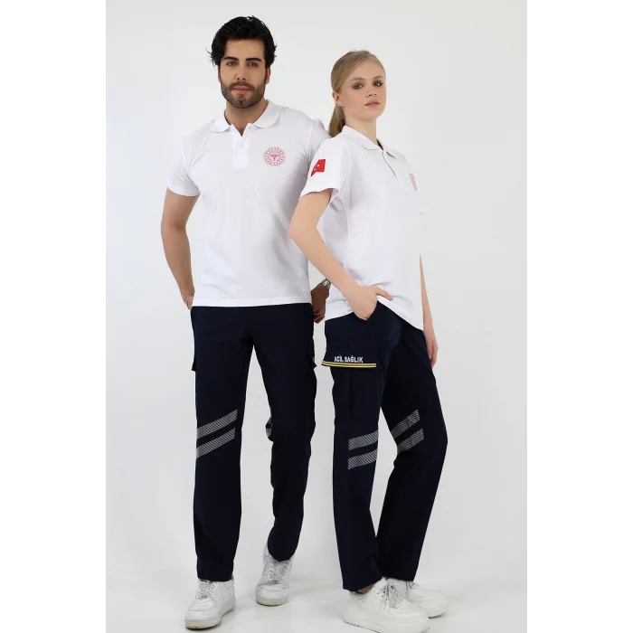 Acil Sağlık Yakalı Unisex Tshirt Kısa Kol Nakışlı - Beyaz