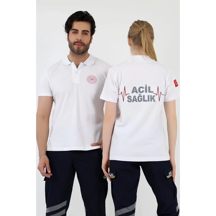 Acil Sağlık Yakalı Unisex Tshirt Kısa Kol Nakışlı - Beyaz