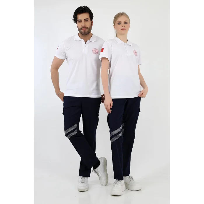 Acil Sağlık Yakalı Unisex Tshirt Kısa Kol Nakışlı - Beyaz