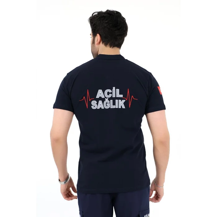 Acil Sağlık Yakalı Unisex Tshirt Kısa Kol Nakışlı - Lacivert