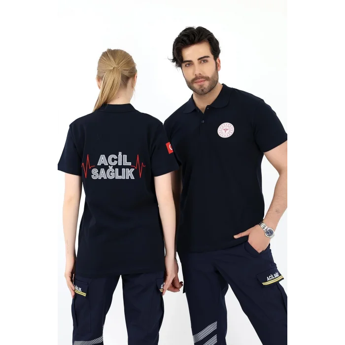 Acil Sağlık Yakalı Unisex Tshirt Kısa Kol Nakışlı - Lacivert