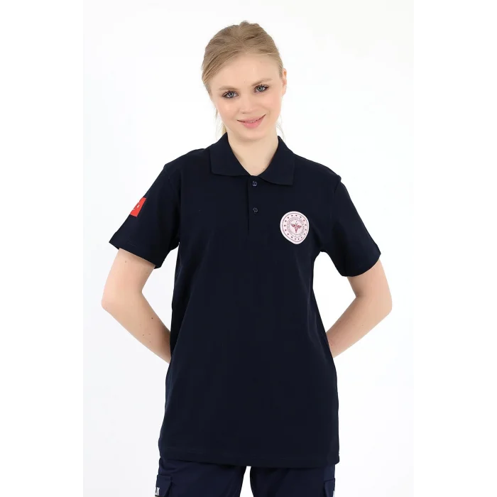 Acil Sağlık Yakalı Unisex Tshirt Kısa Kol Nakışlı - Lacivert