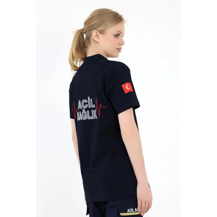 Acil Sağlık Yakalı Unisex Tshirt Kısa Kol Nakışlı - Lacivert