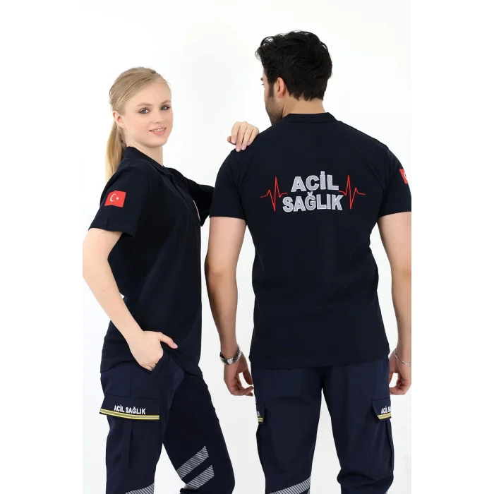 Acil Sağlık Yakalı Unisex Tshirt Kısa Kol Nakışlı - Lacivert