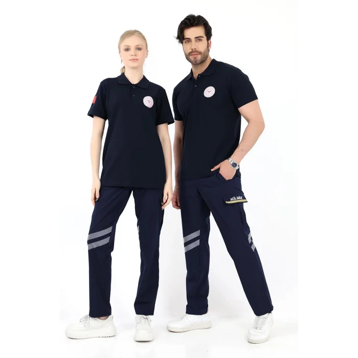 Acil Sağlık Yakalı Unisex Tshirt Kısa Kol Nakışlı - Lacivert