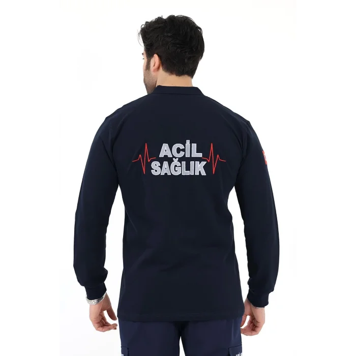 Acil Sağlık Yakalı Unisex Tshirt Uzun Kol Nakışlı - Lacivert