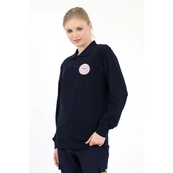 Acil Sağlık Yakalı Unisex Tshirt Uzun Kol Nakışlı - Lacivert