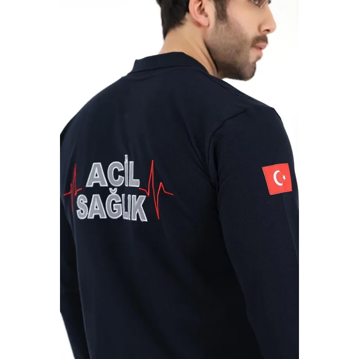 Acil Sağlık Yakalı Unisex Tshirt Uzun Kol Nakışlı - Lacivert