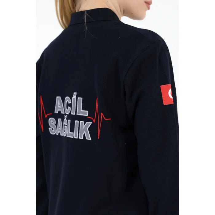 Acil Sağlık Yakalı Unisex Tshirt Uzun Kol Nakışlı - Lacivert