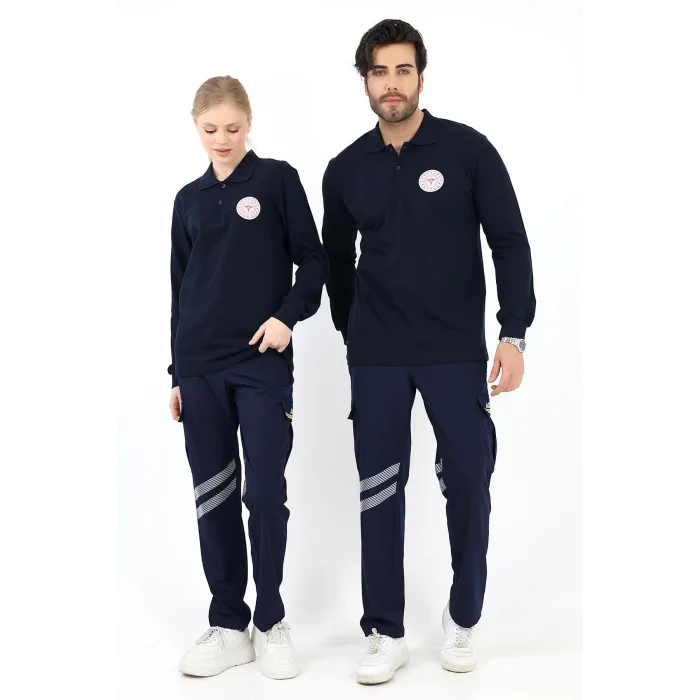 Acil Sağlık Yakalı Unisex Tshirt Uzun Kol Nakışlı - Lacivert