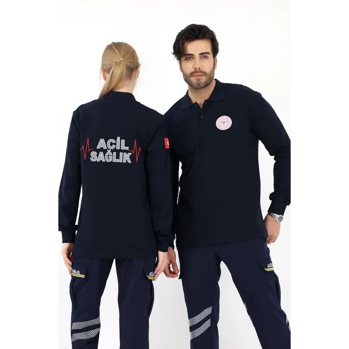 Acil Sağlık Yakalı Unisex Tshirt Uzun Kol Nakışlı - Lacivert