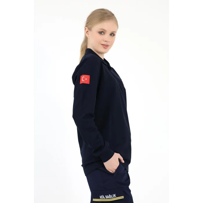 Acil Sağlık Yakalı Unisex Tshirt Uzun Kol Nakışlı - Lacivert