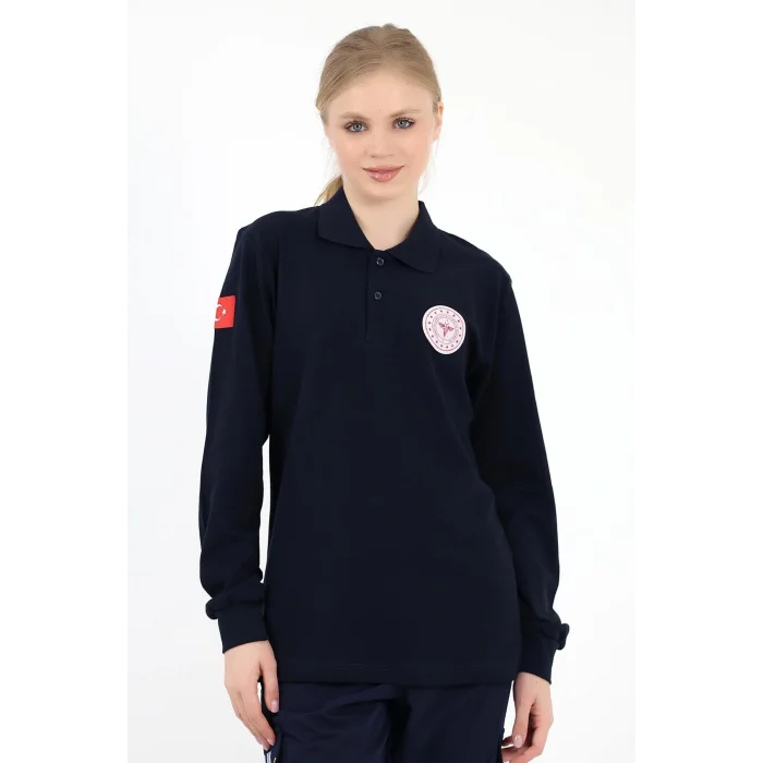 Acil Sağlık Yakalı Unisex Tshirt Uzun Kol Nakışlı - Lacivert