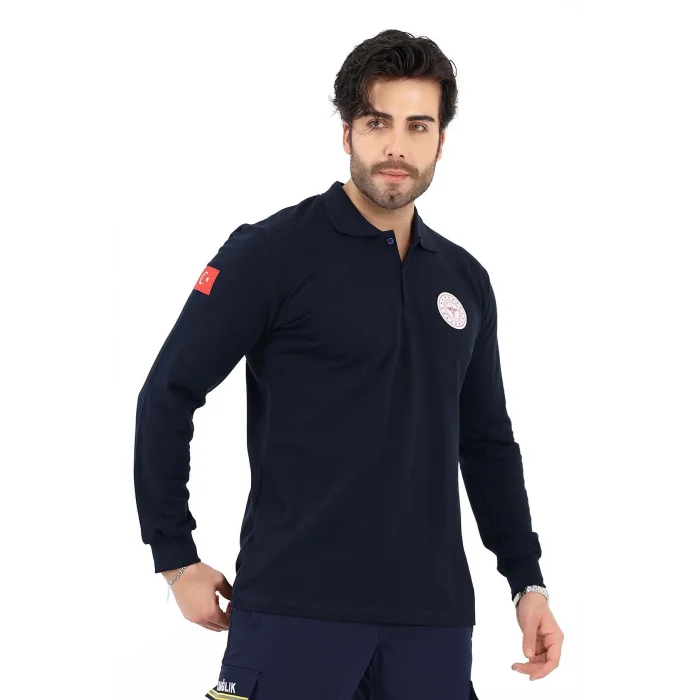 Acil Sağlık Yakalı Unisex Tshirt Uzun Kol Nakışlı - Lacivert