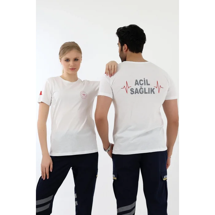 Acil Sağlık Yuvarlak Yaka Penye Kısa Kol Tshirt - Beyaz