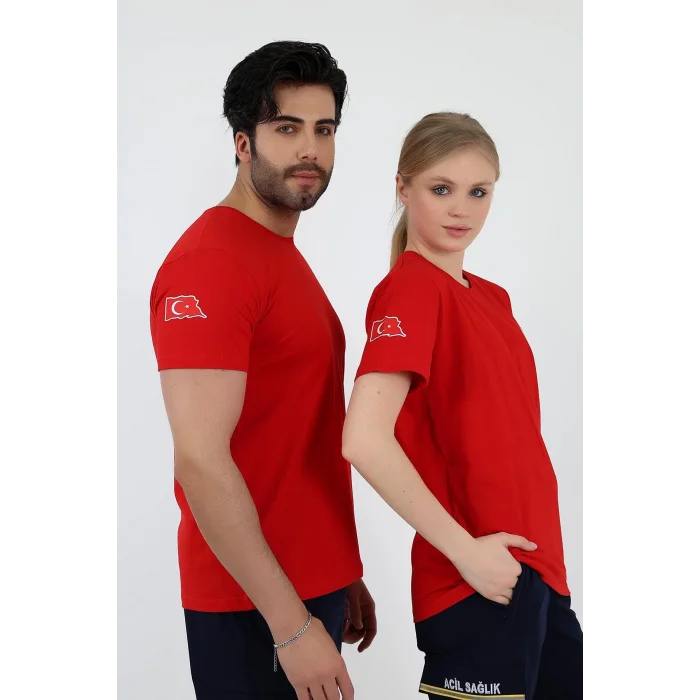 Acil Sağlık Yuvarlak Yaka Penye Kısa Kol Tshirt - Kırmızı