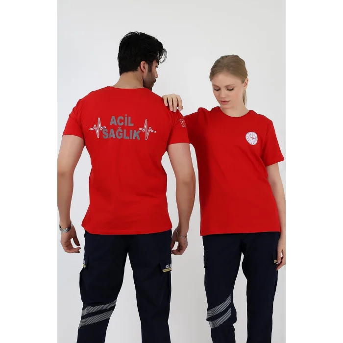 Acil Sağlık Yuvarlak Yaka Penye Kısa Kol Tshirt - Kırmızı