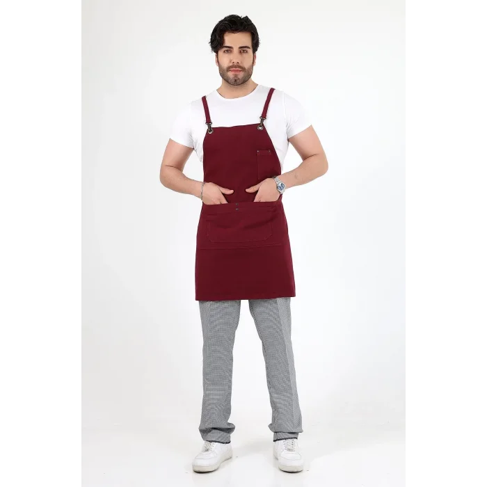 Barista Askılı Önlük Çift Cepli - Bordo