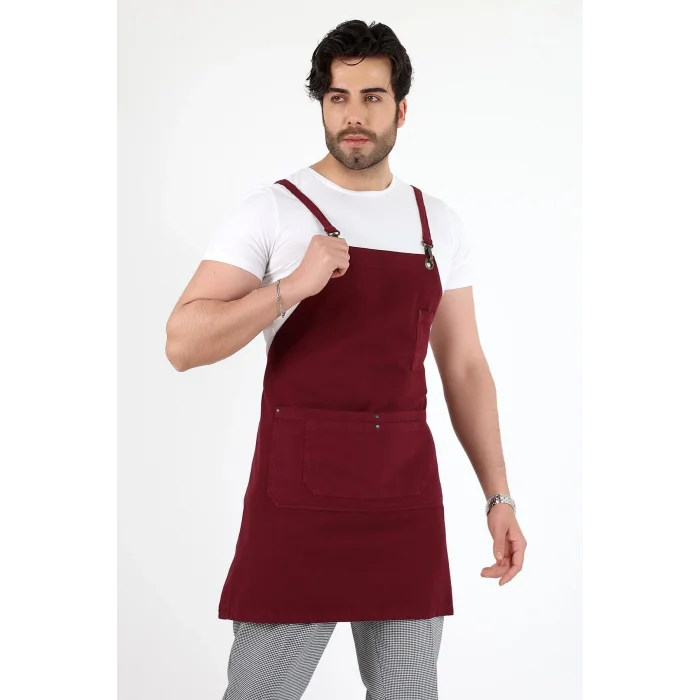 Barista Askılı Önlük Çift Cepli - Bordo