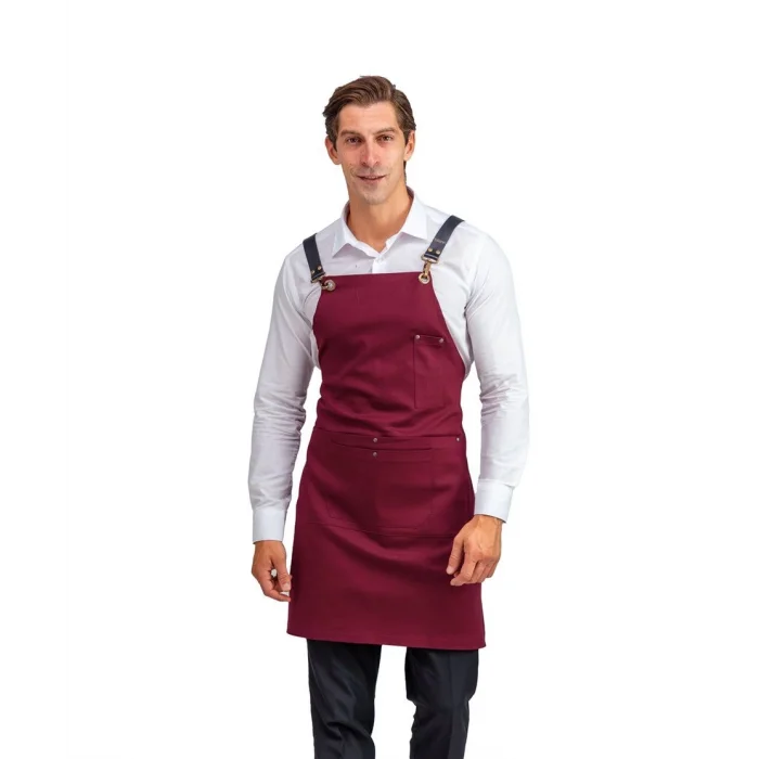 Barista Askılı Önlük Çift Cepli Deri Kemerli Bordo
