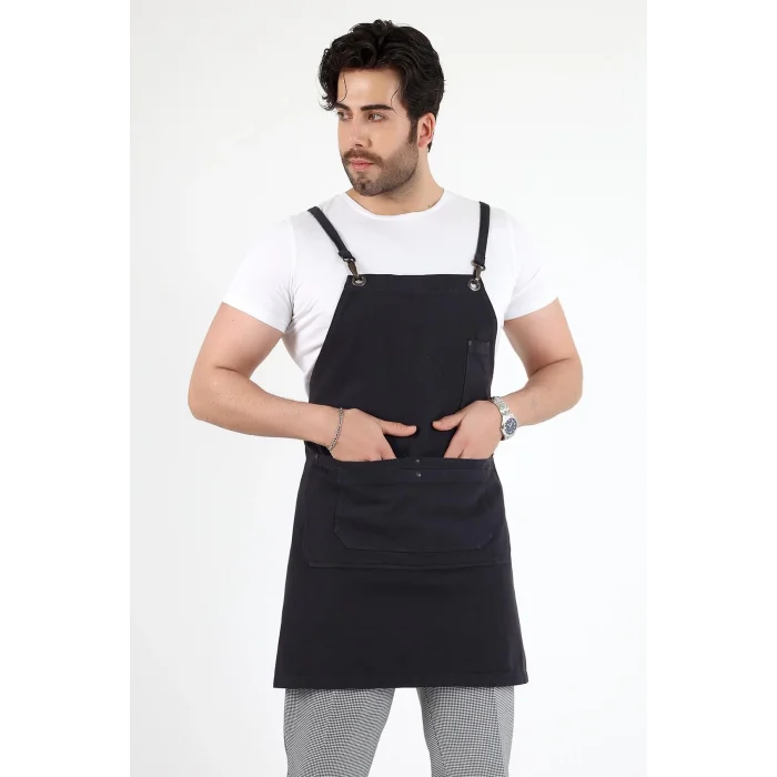 Barista Askılı Önlük Çift Cepli - Füme