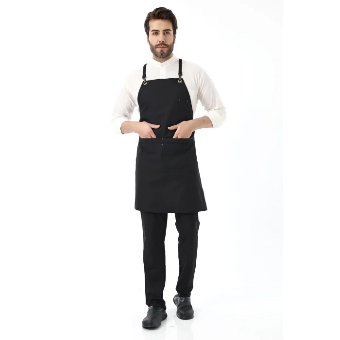 Barista Askılı Önlük Çift Cepli - Siyah