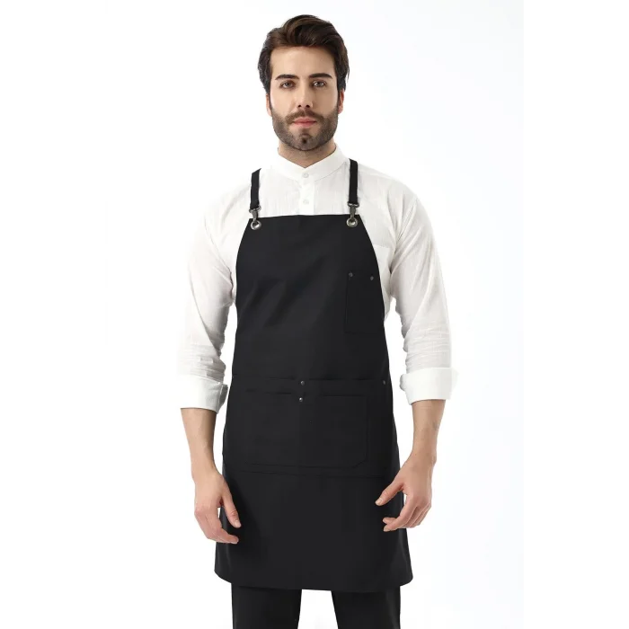 Barista Askılı Önlük Çift Cepli - Siyah