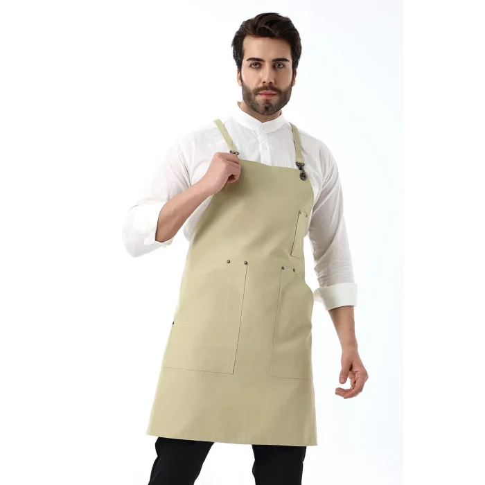 Barista Askılı Önlük Kanguru Cepli - Bej