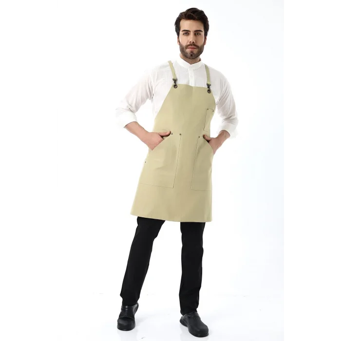 Barista Askılı Önlük Kanguru Cepli - Bej