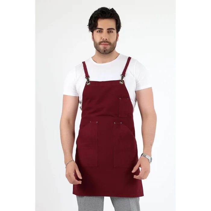 Barista Askılı Önlük Kanguru Cepli - Bordo