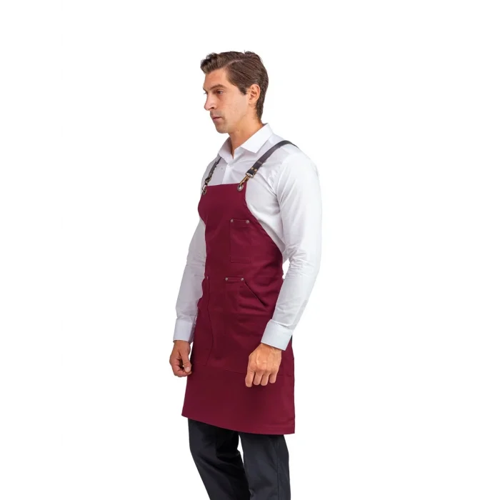 Barista Askılı Önlük Kanguru Cepli Deri Kemerli - Bordo