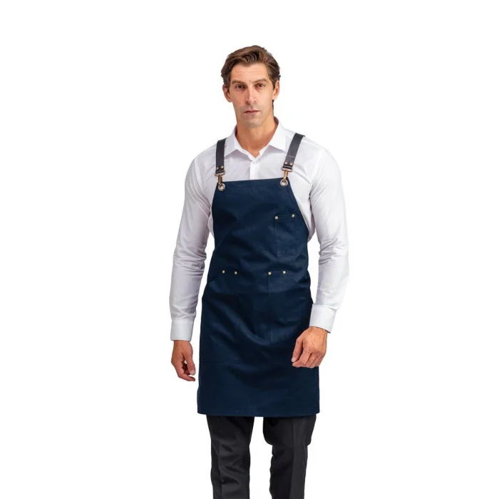 Barista Askılı Önlük Kanguru Cepli Deri Kemerli - Lacivert