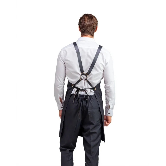 Barista Askılı Önlük Kanguru Cepli Deri Kemerli - Siyah